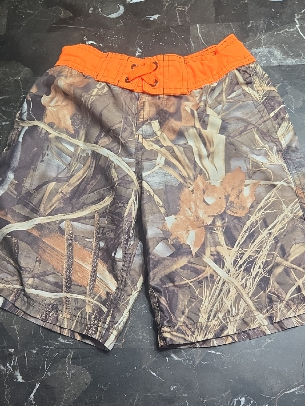 Kids' Camo Swim Trunks with Bright Orange Waistband